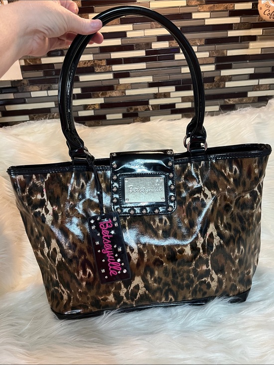 Betsey Johnson Handbags - Betsey Johnson Leopard Print Patent Tote with Black Trim